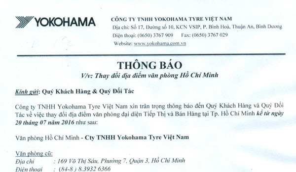 Thông báo chuyển đổi địa điểm văn phòng Hồ Chí Minh